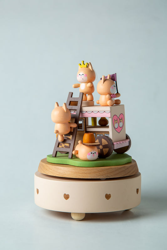 Wooden toy with cartoon characters on a light blue background